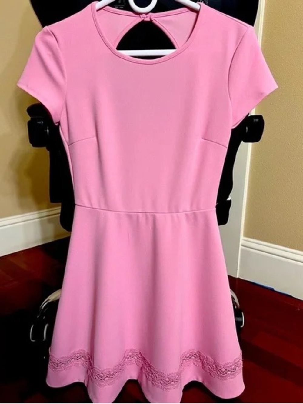 Pink Short Sleeve Dress with Lace Trim